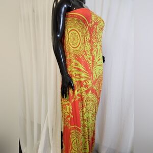Bold Leaf Kaftan Vibrant Orange and Yellow. Mannequin Worn Only.